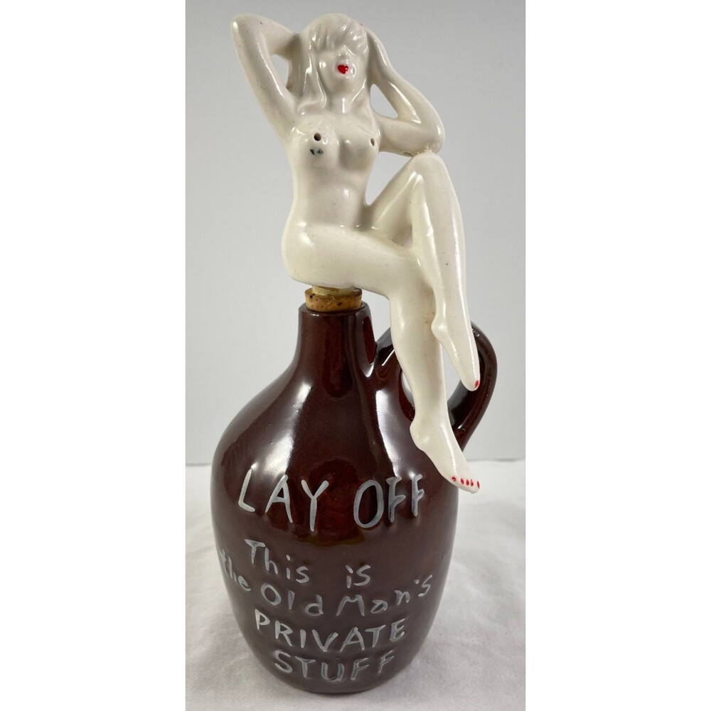 Crock Decanter Lay Off Old Mans Private Stuff Nude Lady Stopper Brown Vintage